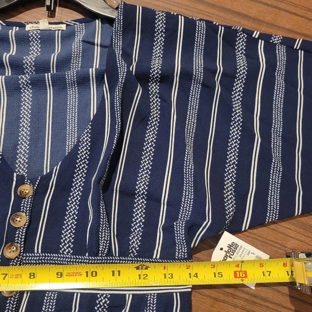 NWT Charlotte Russe V Neck Button Up Back Tie Striped Mini Dress Blue Size Small - Picture 11 of 12